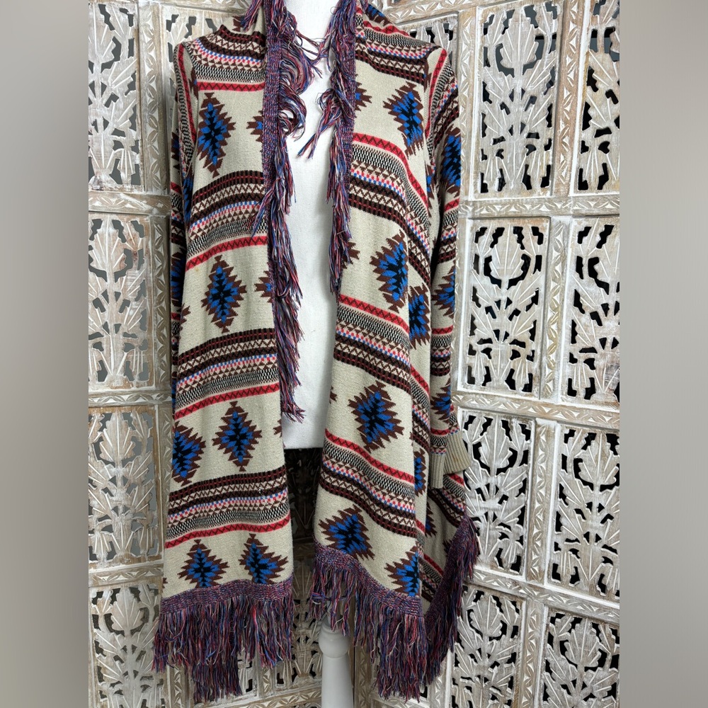 Kersh Abstract Aztec Fringe Open Cardigan Sweater Tan Brown Red Blue Size Large